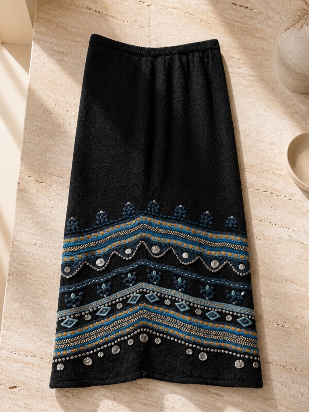 Double D Ranch Black Maxi Skirt with Blue Embroidery, Silver Coins,Sequins. Sz L